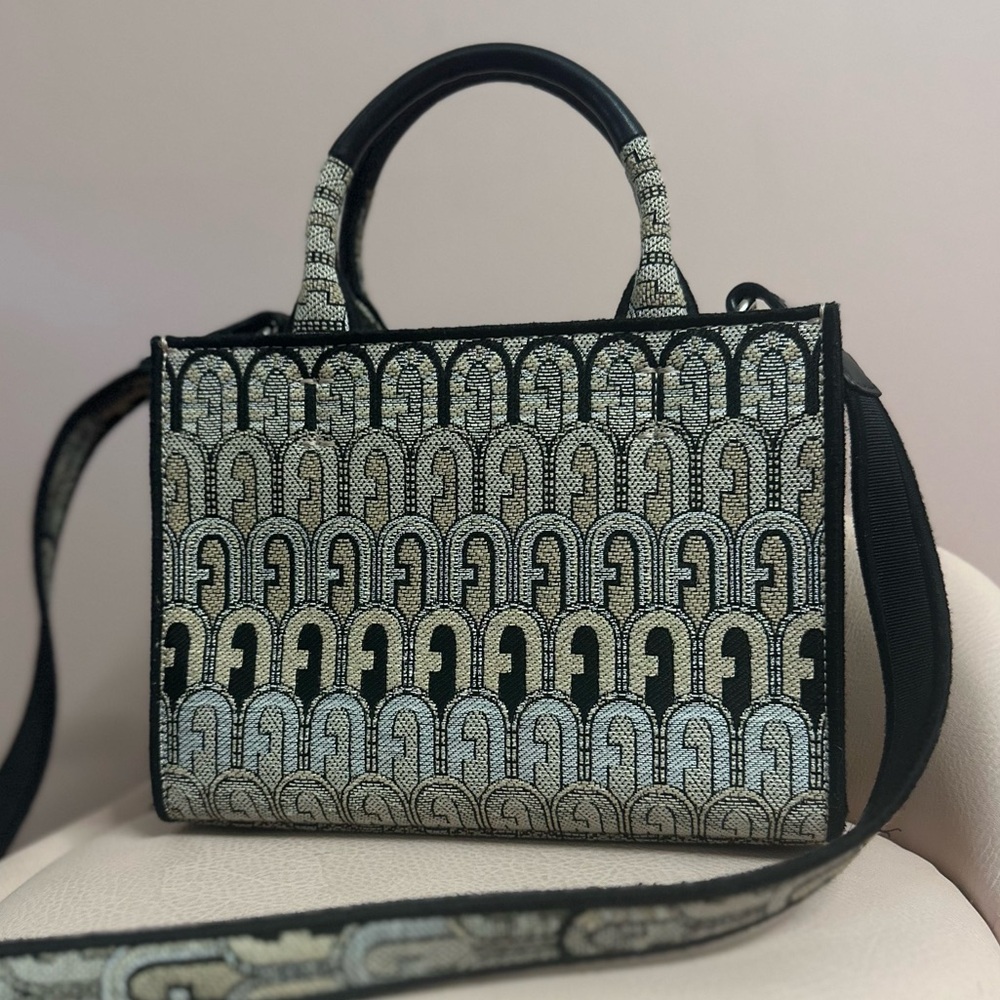 Furla Black and Cream Mini Opportunity Tote in Deserto